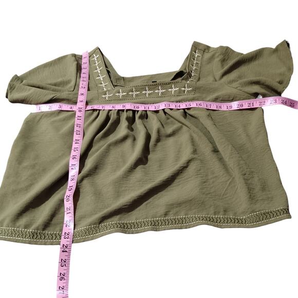 BOBEAU‎ Peasant Flowy Blouse Top Embroidered Square Neck Gathers Size XL Green - Picture 6 of 11